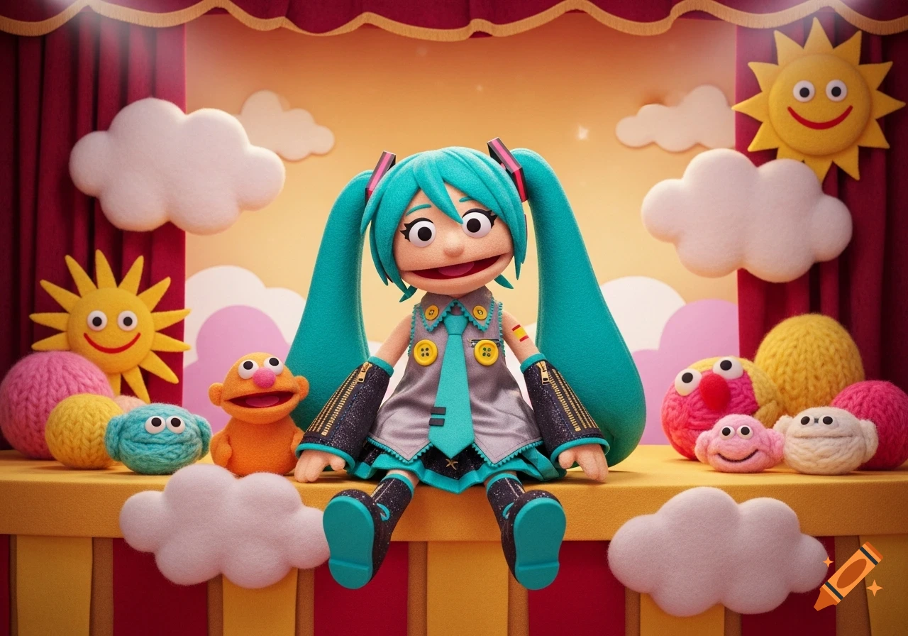A Hatsune Miku puppet sits on a stage with other colorful, felt puppets and sunny decorations in a children's show style.