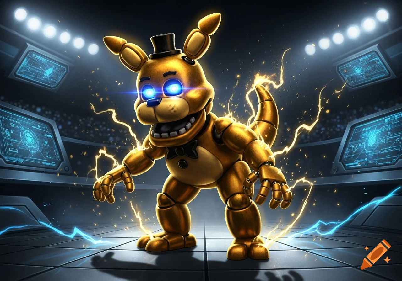 A golden, bear-like character with glowing blue eyes, resembling a Pok hc3 hb2mon, crackles with yellow lightning in a futuristic arena.