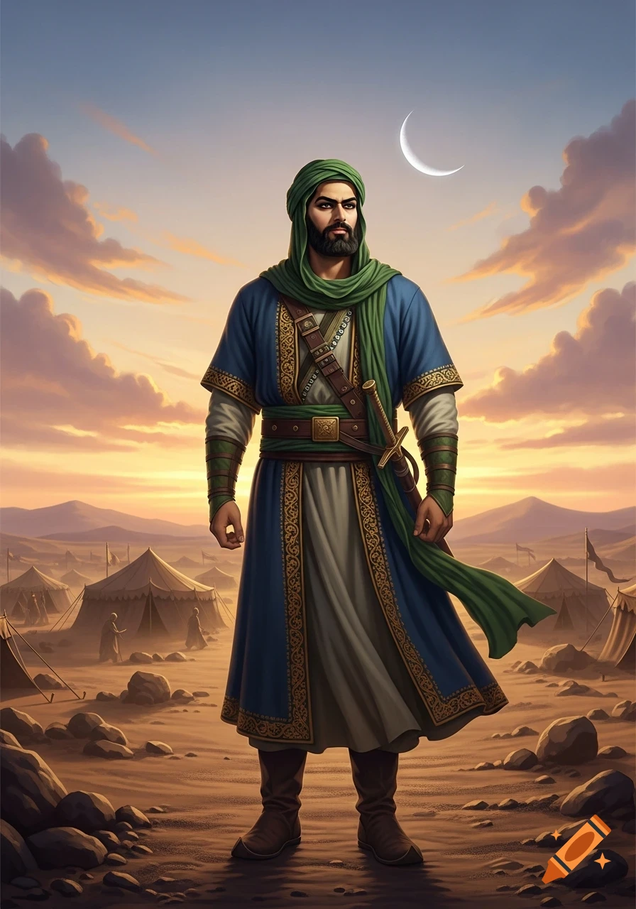 A man with a beard and a green turban, wearing a blue robe, stands in a desert camp under a crescent moon at sunset.