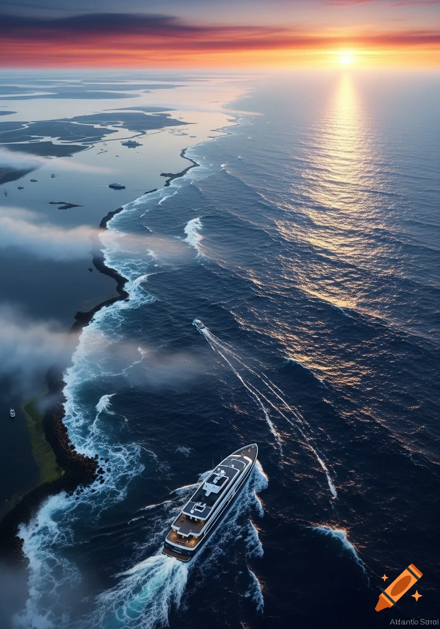 Aerial view of a large yacht and a smaller boat navigating a deep blue ocean near a misty coastline during sunset.