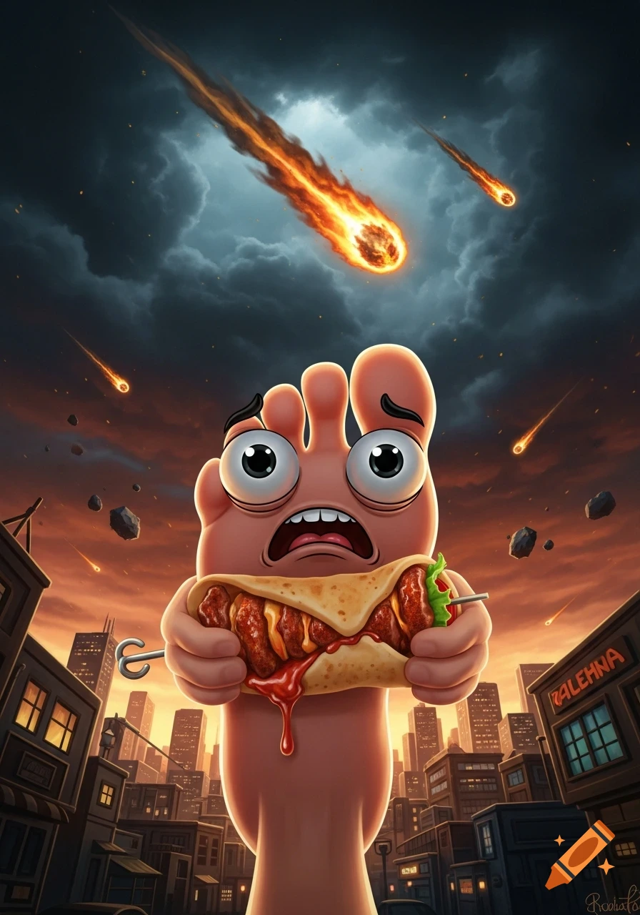 Vibrant cartoon of a scared foot-character holding a kebab while meteors fall from the sky onto a city.