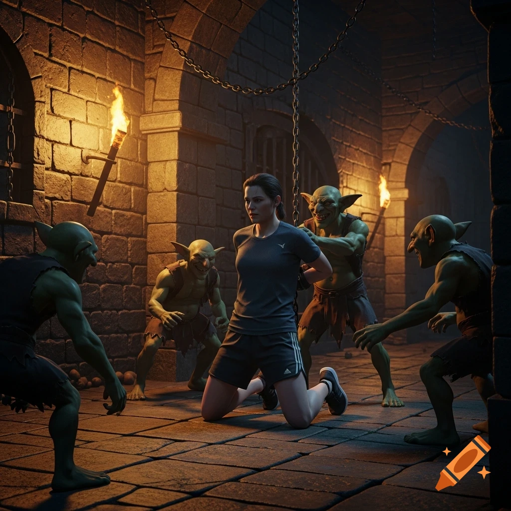A person in running shorts kneels in a dimly lit stone dungeon, captured by four green-skinned goblins. Torches illuminate the scene.