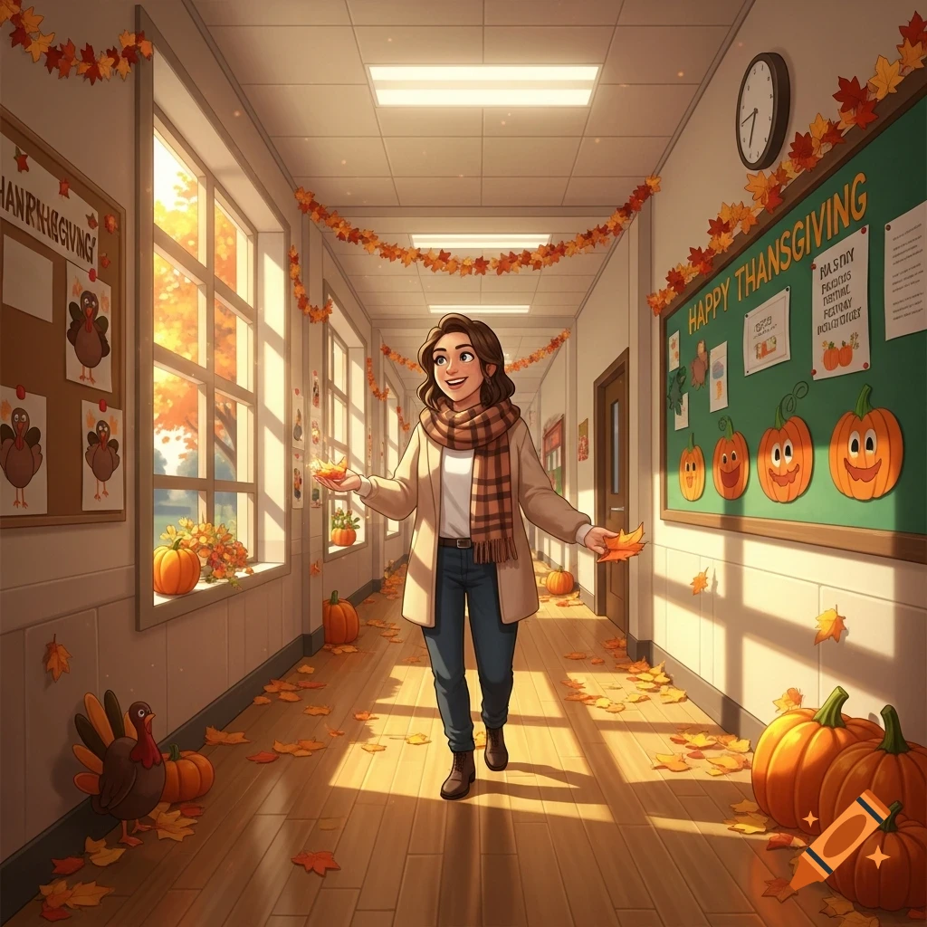 An illustrated teacher stands in a school hallway decorated with fall leaves and pumpkins for Thanksgiving.