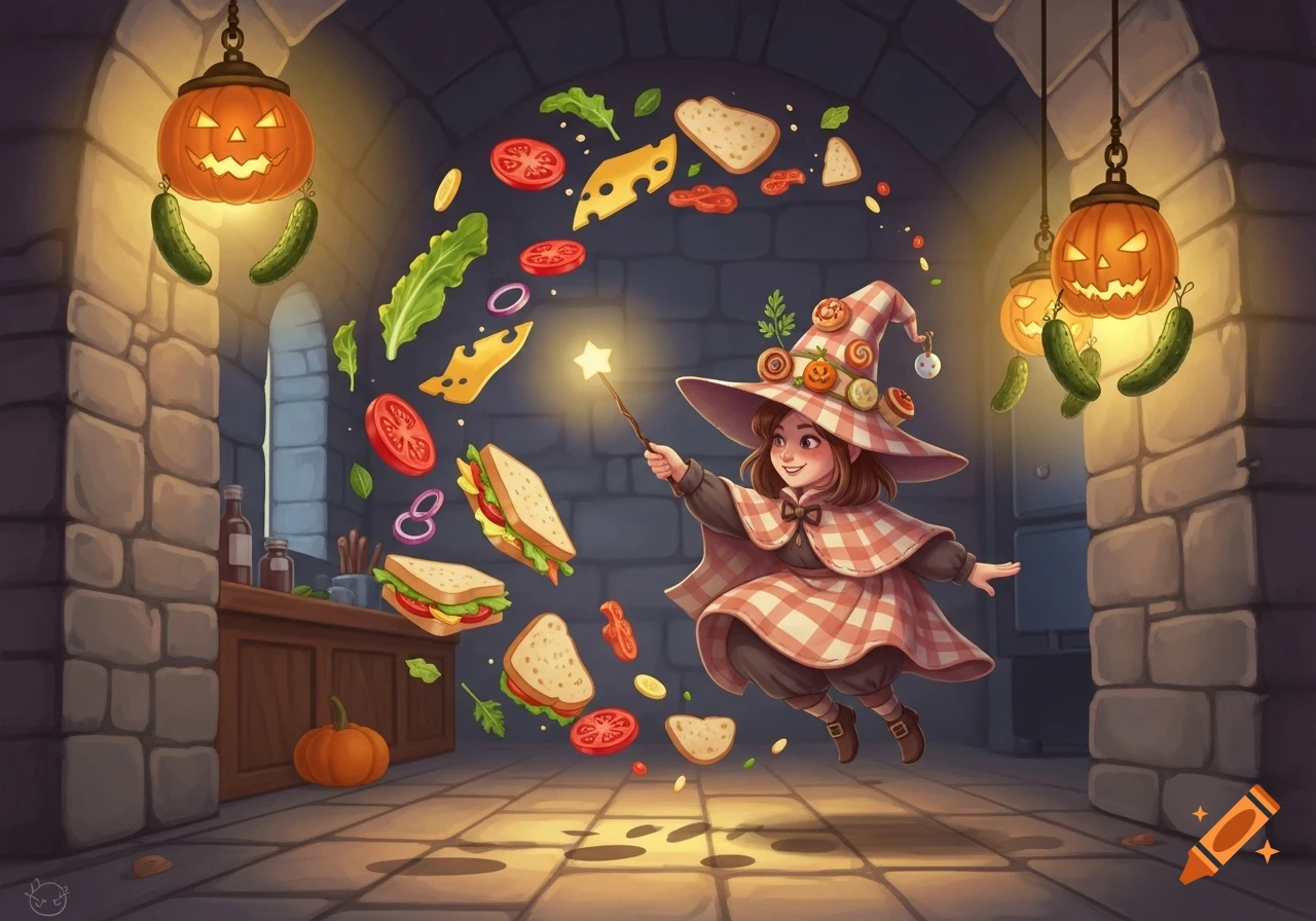 A cheerful cartoon witch uses magic to create flying sandwiches and ingredients in a cozy, stone-walled kitchen with Halloween jack-o'-lanterns.