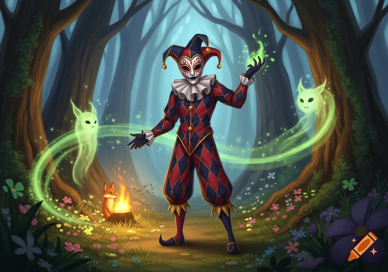 A masked jester in a red and blue harlequin suit wields green magic in a whimsical fantasy forest with glowing spirits, a fox, and a campfire.
