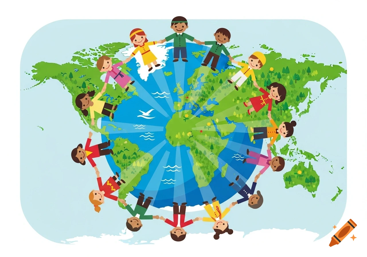 Diverse cartoon children holding hands around a green and blue world map in a cheerful clipart style.