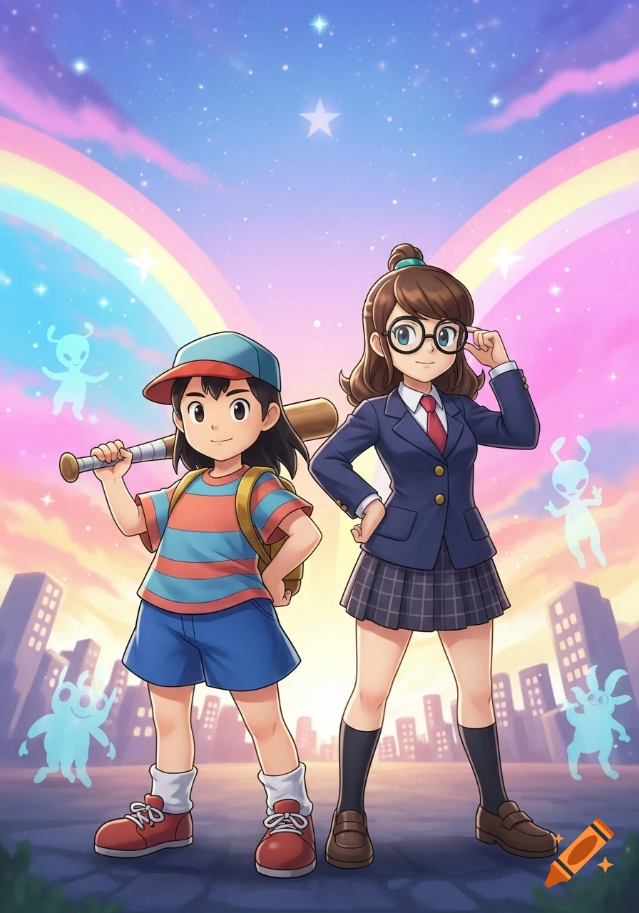 Anime illustration of a boy with a baseball bat and a girl in a school uniform, standing under a rainbow sky with glowing blue aliens and city silhouettes.