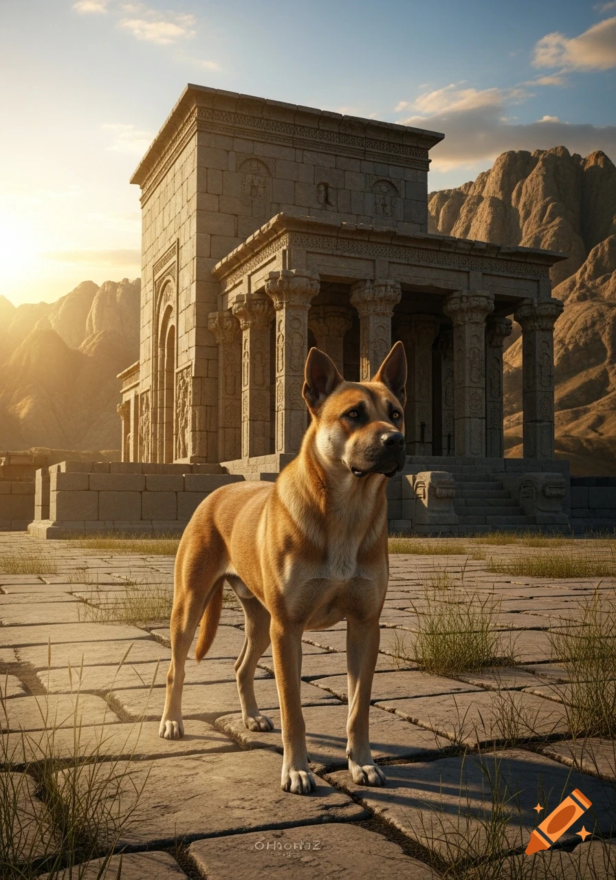 A photorealistic image of a guard dog standing on stone in front of an ancient stone temple with mountains in the background at sunset.