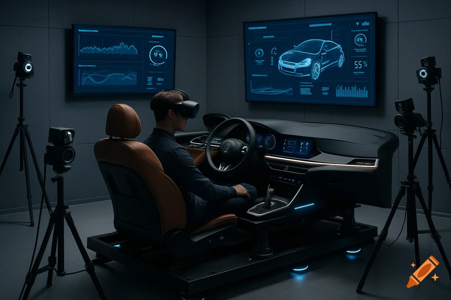Man wearing a VR headset sits in a car simulator in a high-tech lab with screens displaying data and cameras on tripods.