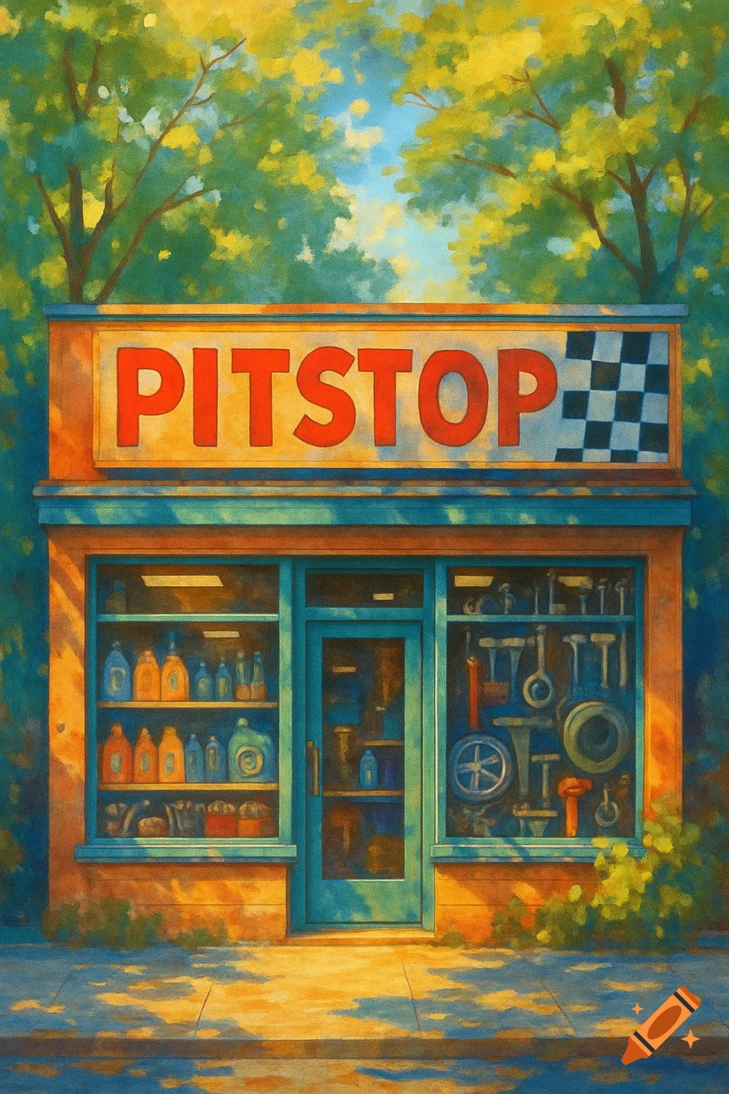 Vibrant watercolor painting of an auto parts shop called PITSTOP, featuring a red sign with a checkered flag, surrounded by green trees.