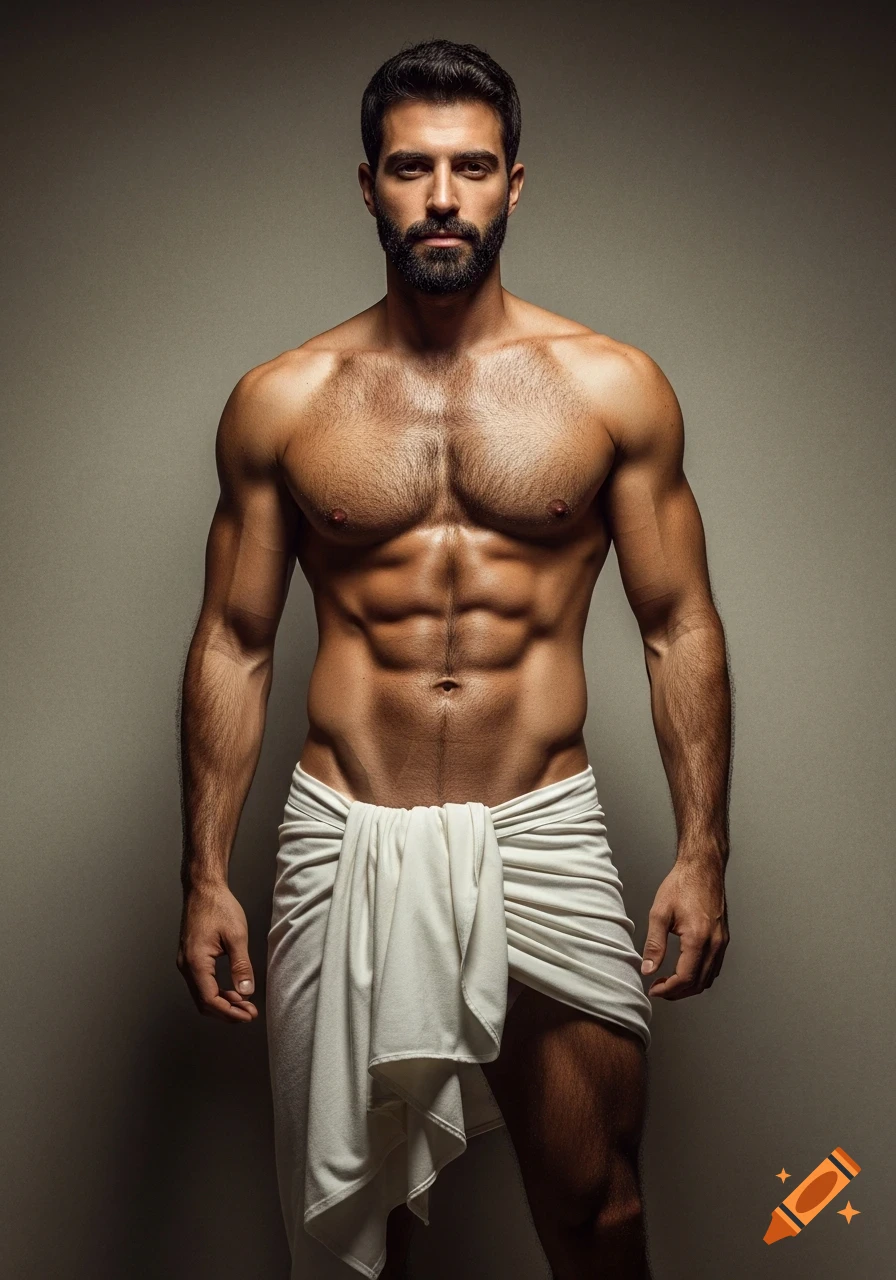 Photorealistic portrait of a muscular man with a beard and chest hair, draped in a white towel, against a warm neutral background.