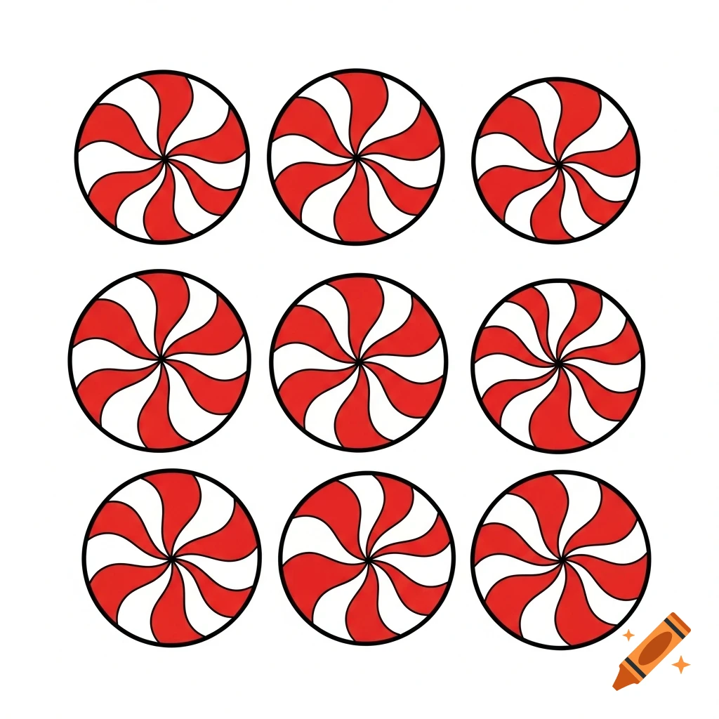 A 3x3 grid of nine red and white spiral peppermint candies in a simple clip art style.