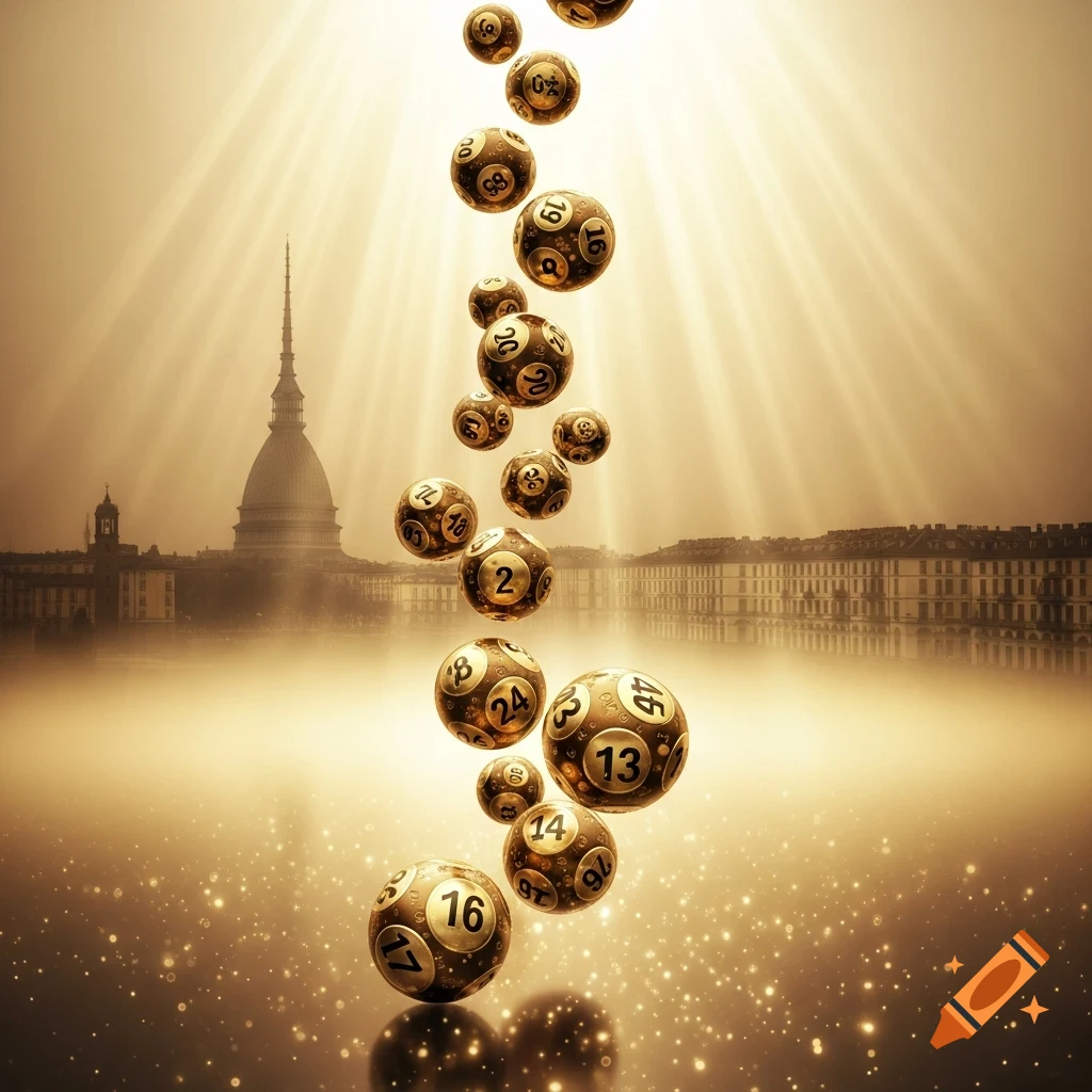 Golden lottery balls with numbers fall over a shimmering surface and a hazy cityscape featuring the Mole Antonelliana under bright rays of light.