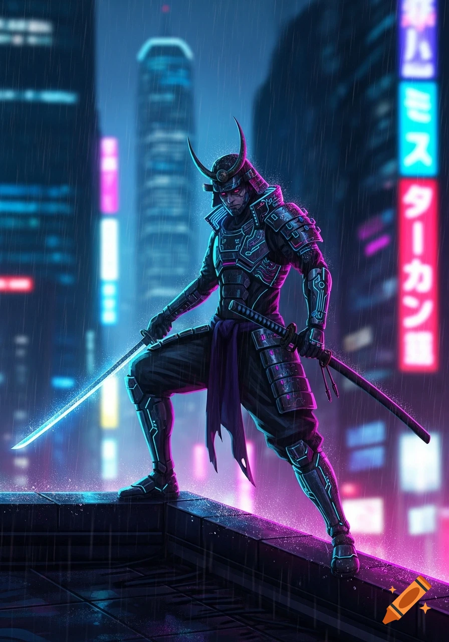 A cyberpunk samurai stands on a neon rooftop in the rain, holding a glowing katana, in anime style.