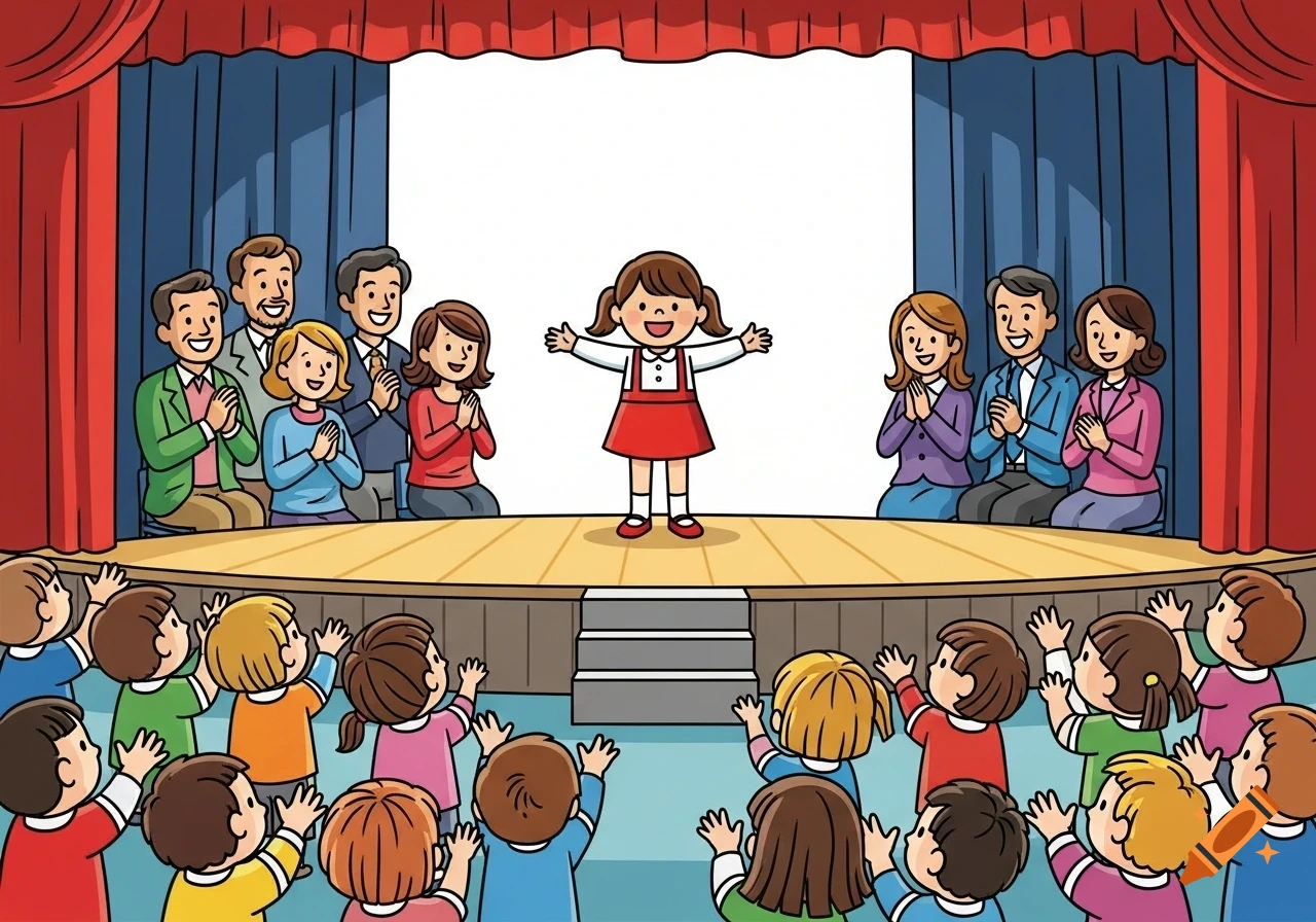 A cartoon of a little girl on stage with outstretched arms, performing for clapping adults and children in the audience.
