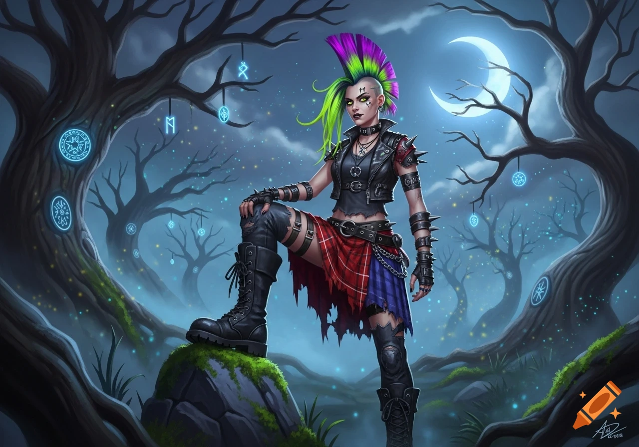 A vibrant digital art image of a punk witch with a green and purple mohawk, combat boots, and a ripped plaid skirt, posing on a mossy rock in a mystical forest at night under a crescent moon, with glowing runes on the trees.
