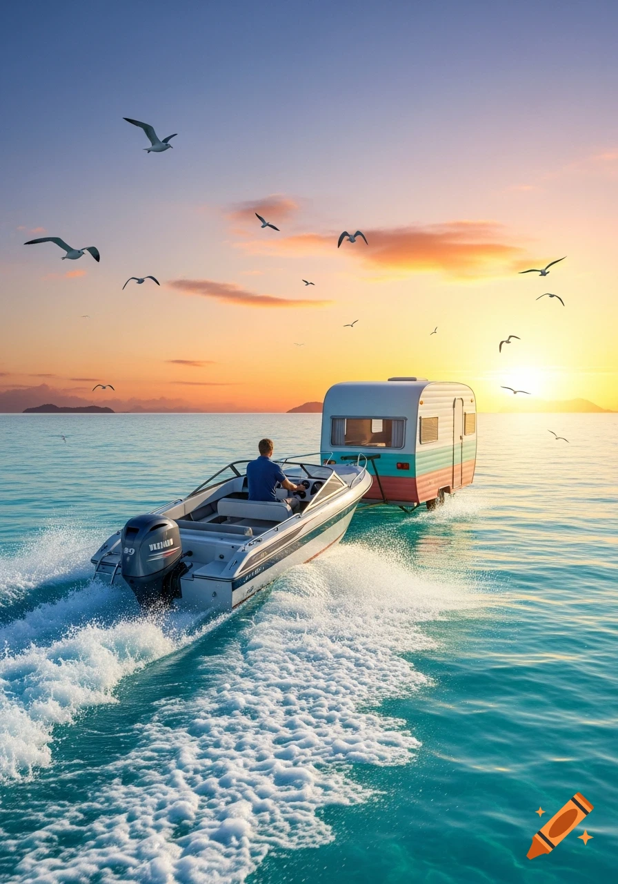 A person drives a speedboat towing a retro caravan across the turquoise sea at a vibrant sunset, with seagulls flying.