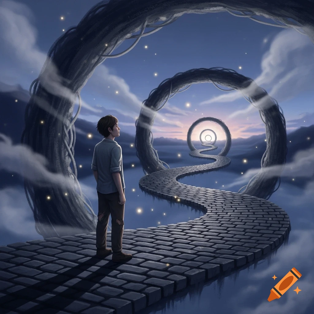 A young man stands on a floating cobblestone path, looking toward a series of glowing rings in a cloudy, starry dreamscape.