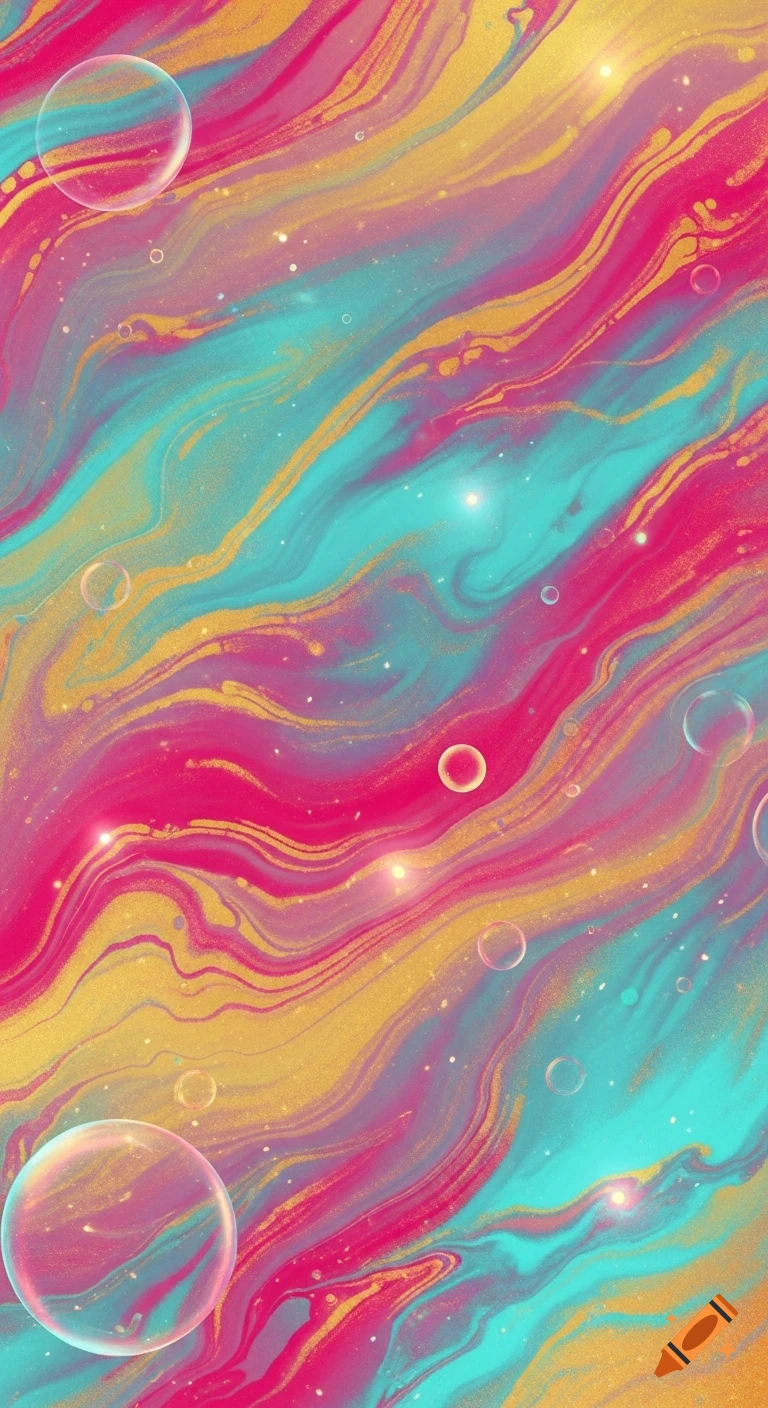 Vibrant abstract background with swirling pink, gold, and turquoise fluid art, glittering accents, and transparent bubbles.
