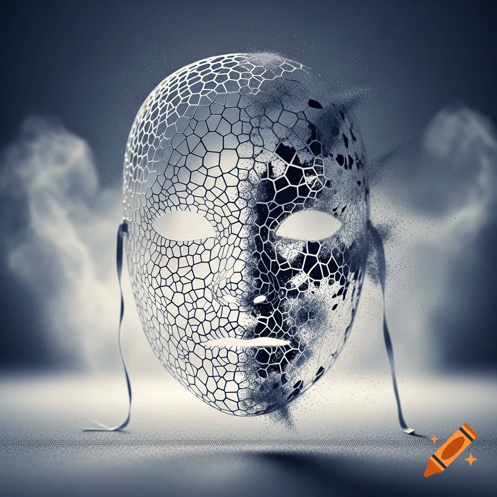 A stylized, monochromatic mask cracking and dissolving into particles, suspended in an ethereal, foggy environment.