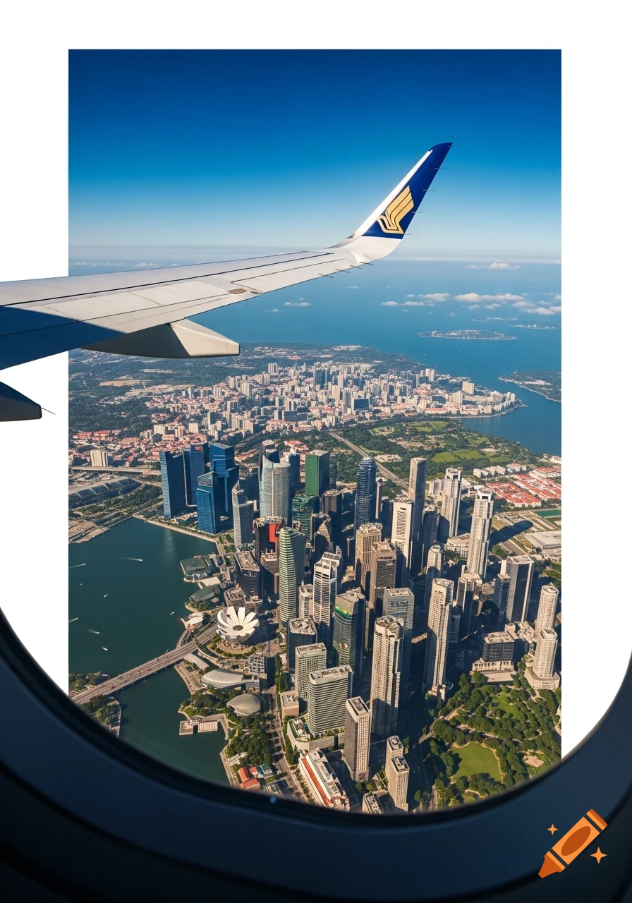 Aerial view of Singapore city and ocean from an airplane window, showing the plane's wing and tail fin.