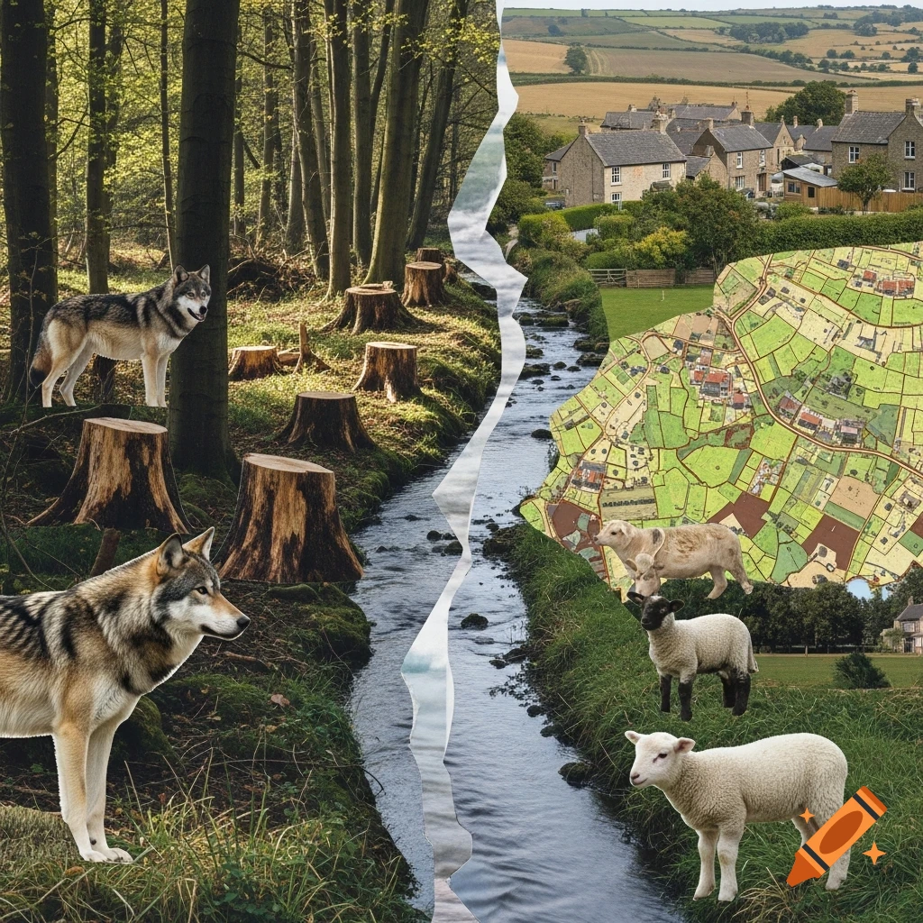 A crude collage image with a stream dividing a forest with wolves and stumps from a village, fields, and sheep with a map overlay.