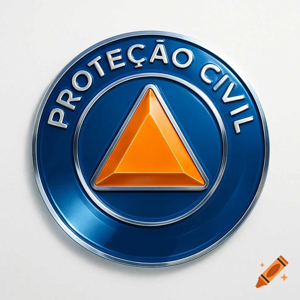 3D metallic blue and silver circular 'PROTEÇÃO CIVIL' logo with an orange triangle in the center.