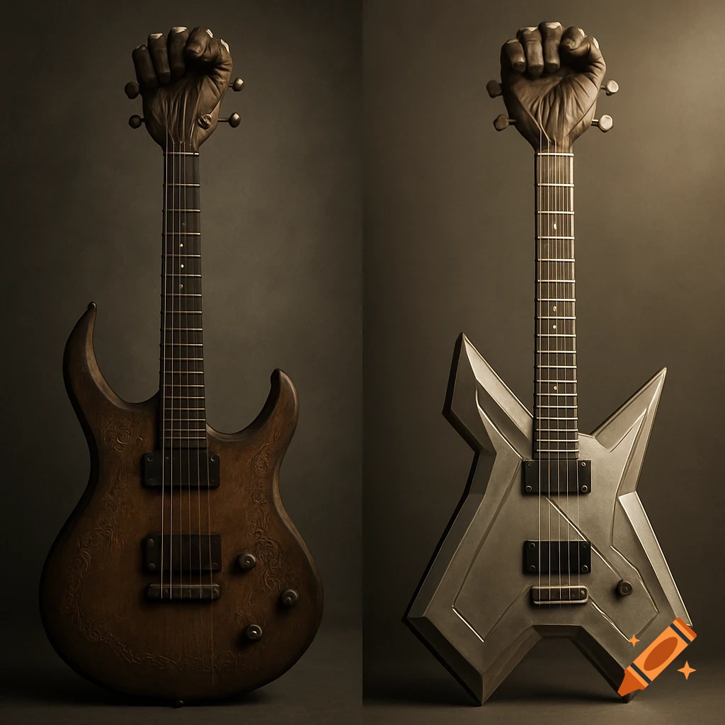 Two electric guitars with fist-shaped headstocks. One dark wood with curved, elven design; one angular gray metal.