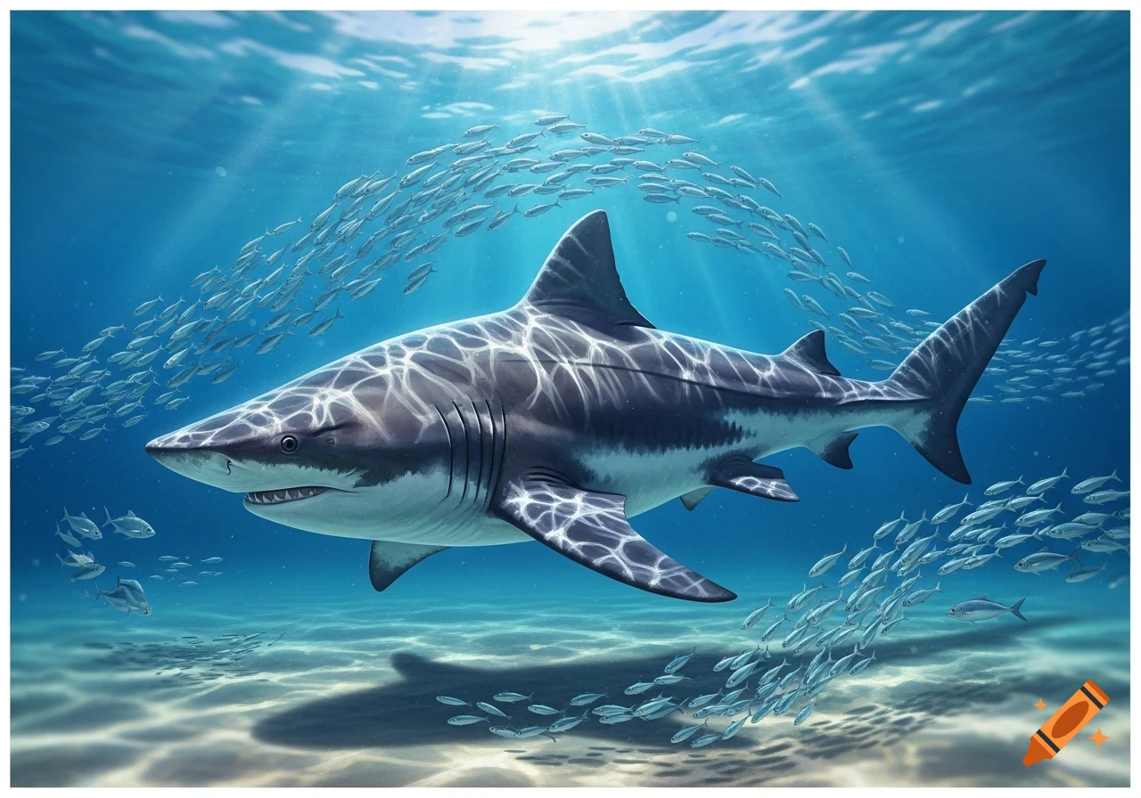 A great white shark swims underwater, surrounded by schools of small fish, with sunlight streaming from above.