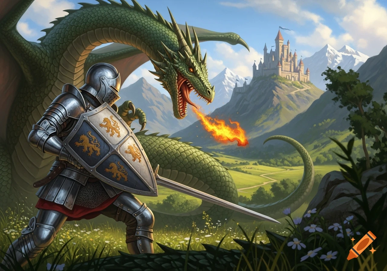 A knight in shining armor with a shield fights a fire-breathing green dragon in a lush valley with a castle on a distant mountain.
