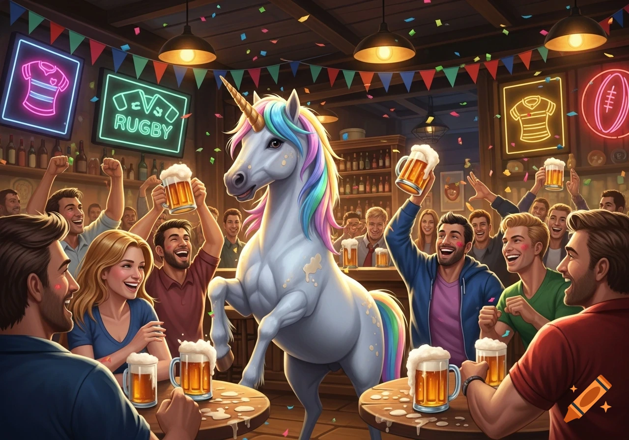 A colorful unicorn dances in a lively bar with cheerful people toasting with beers and confetti. Neon rugby signs glow in the background.