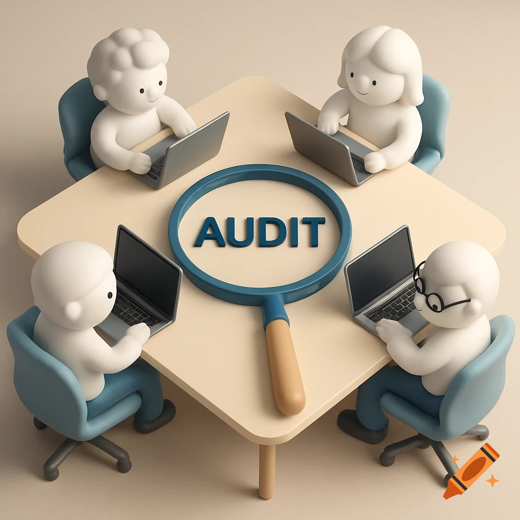 Four cartoon-style 3D figures with laptops sit around a table, with a large magnifying glass labeled "AUDIT" in the center, depicting a business meeting.