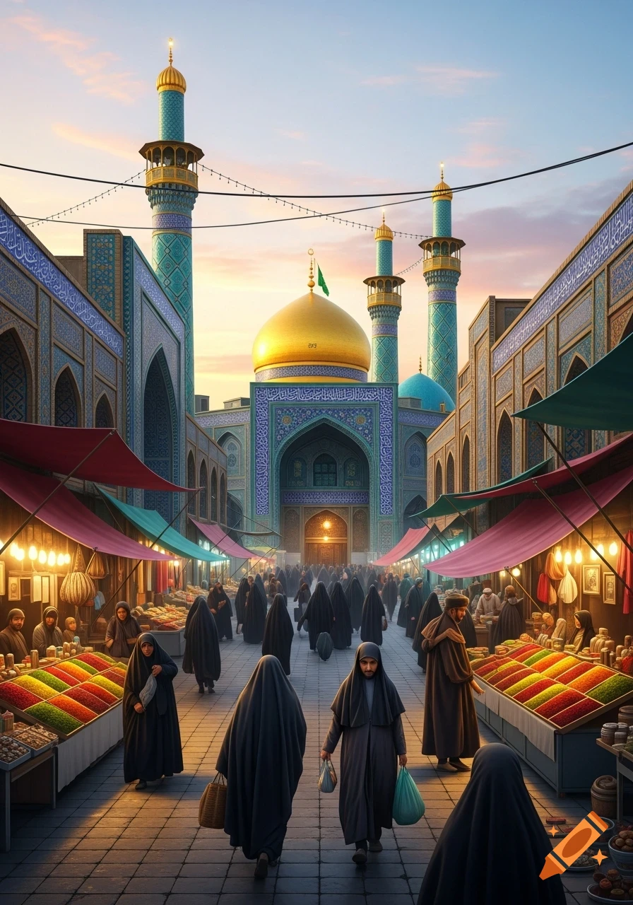 A bustling street market leads to a grand mosque with a golden dome and minarets under a colorful sunset sky. People in traditional attire, mostly women in hijabs, walk past vibrant market stalls filled with goods.