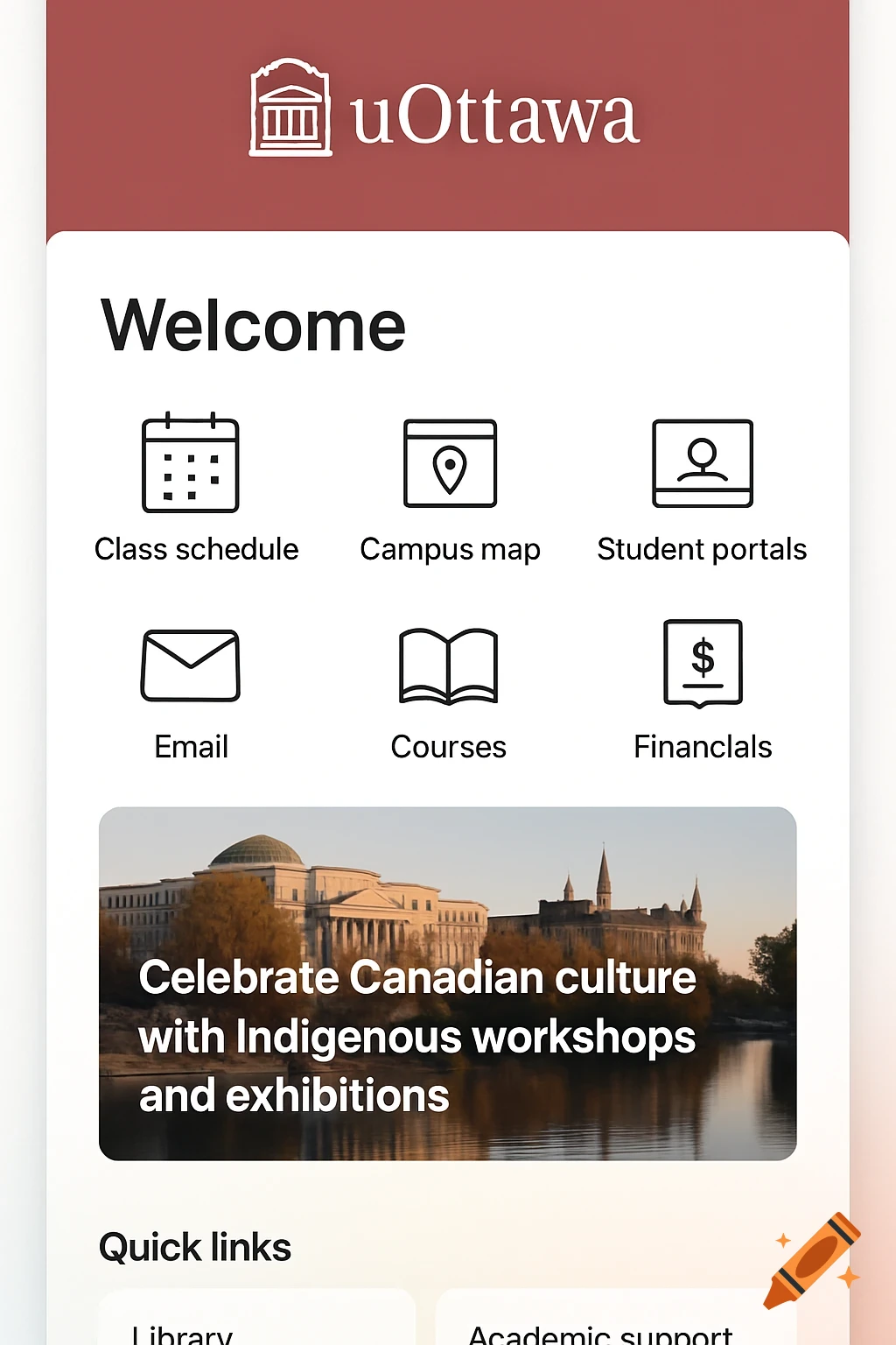 Mobile app homepage for uOttawa students, featuring links to class schedule, campus map, student portals, email, courses, and financials.