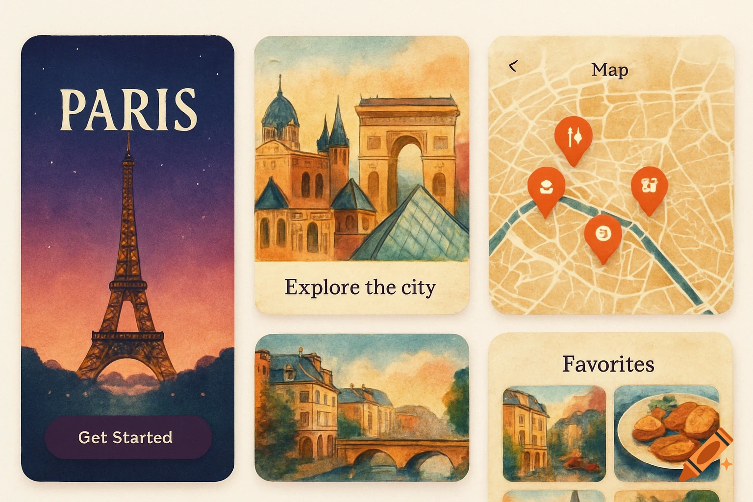 Stylized travel app interface for Paris with cards featuring the Eiffel Tower, city landmarks, a map, and favorites, in a watercolor style.