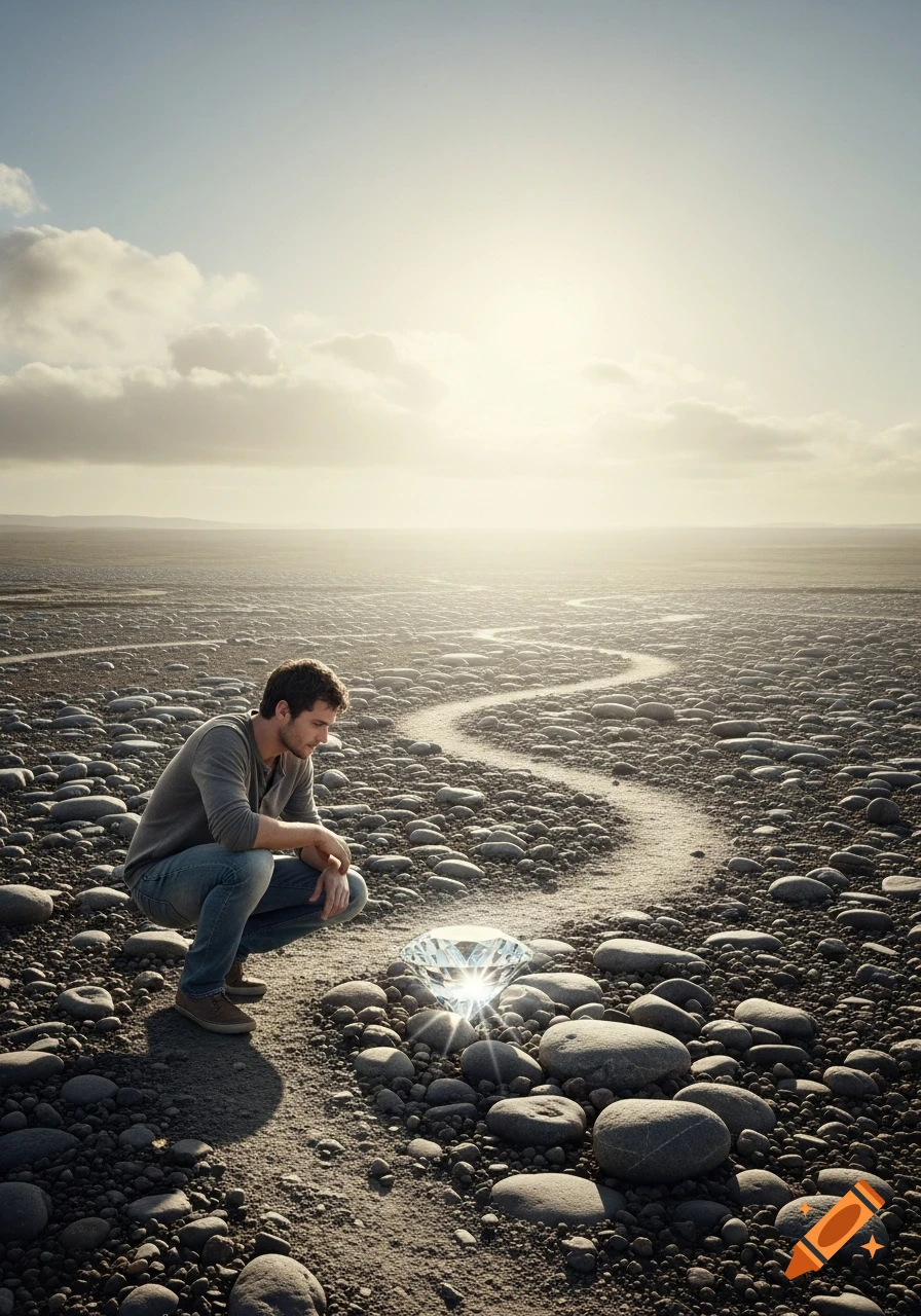 A man in a rocky landscape crouches to examine a sparkling diamond on a winding path under a sunny sky.