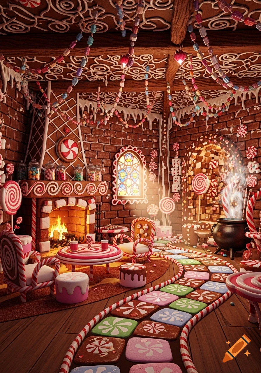 A whimsical gingerbread house interior, adorned with candies and icing, features a cozy fireplace, a stained glass window, and a cauldron.
