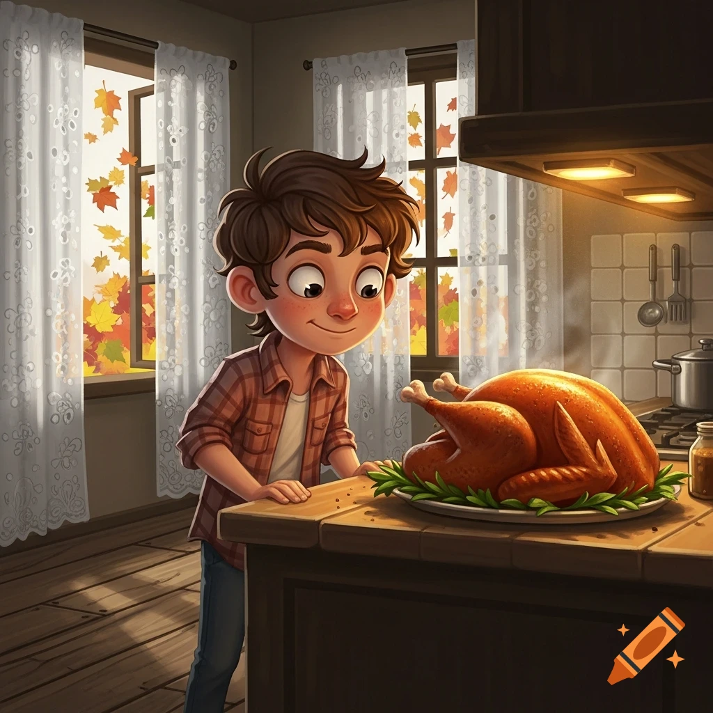 Cartoon boy smiles at a golden roasted turkey on a platter in a cozy kitchen with autumn leaves outside the window.