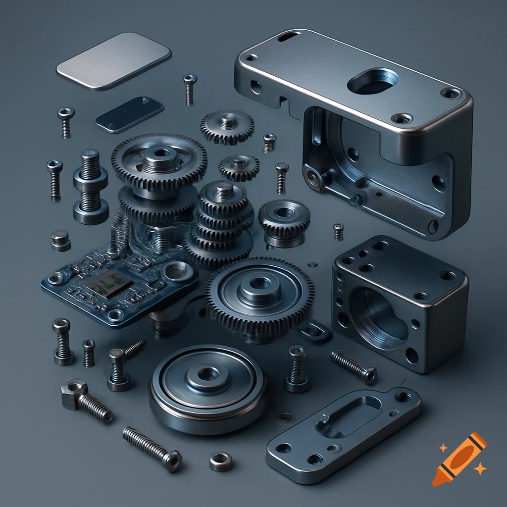 Various silver mechanical components including gears, screws, and machined parts are scattered on a grey surface, rendered photorealistically.