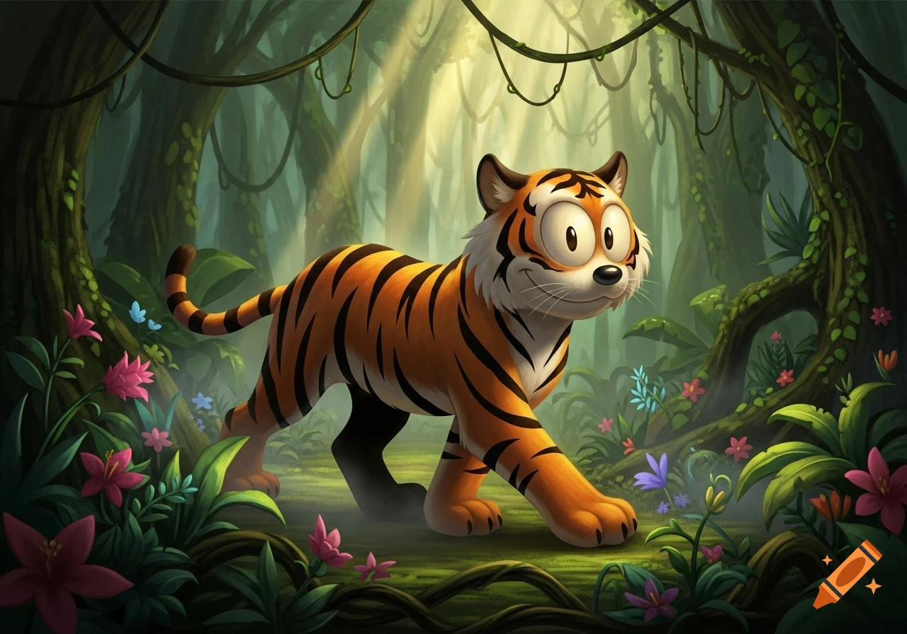 A friendly, big-eyed cartoon tiger walks through a vibrant, sunlit jungle filled with plants and flowers.