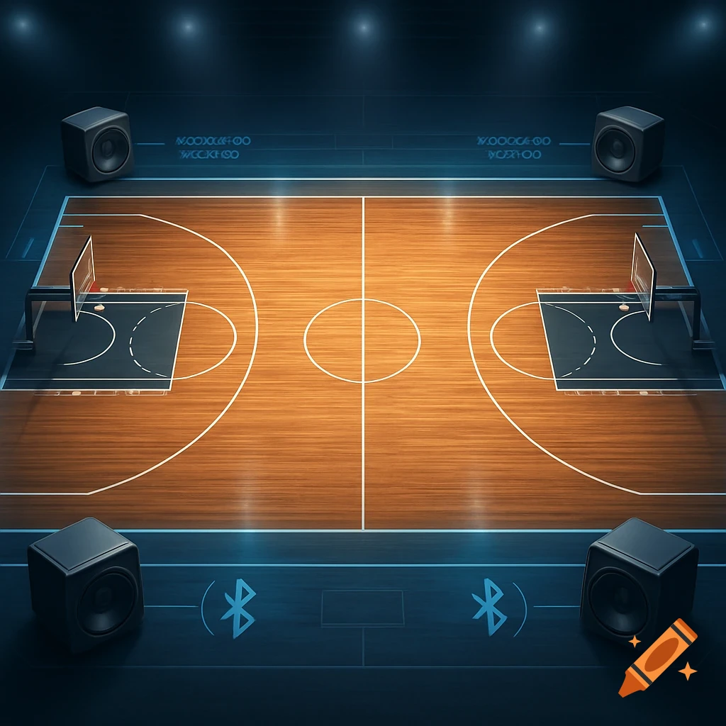 An overhead view of a basketball court surrounded by four black speakers, with glowing blue lines, digital interface elements, and Bluetooth symbols connecting the components.