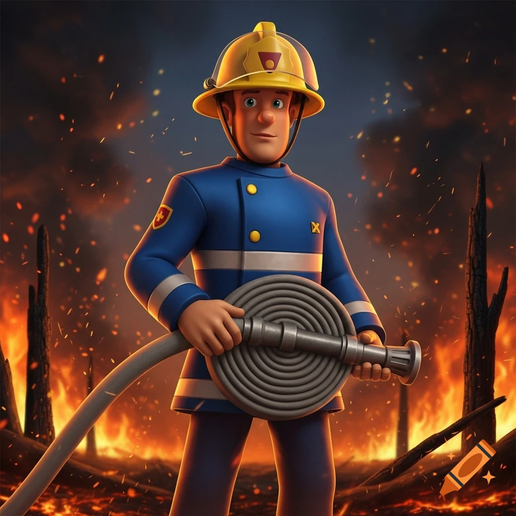 A 3D animated Fireman Sam in a blue uniform and yellow helmet holds a coiled fire hose against a dramatic background of burning trees and embers.