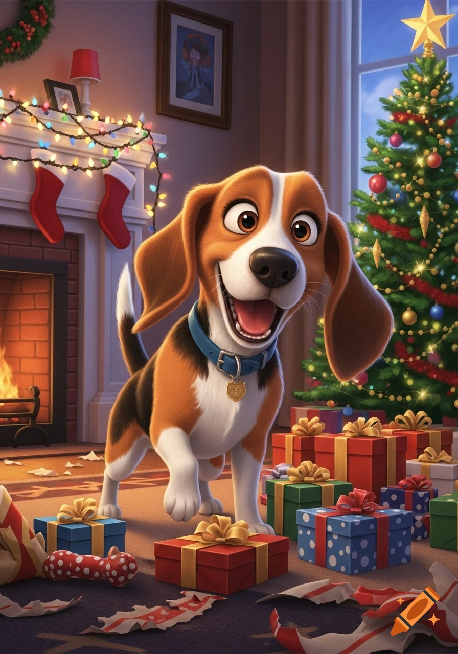 A happy, cartoon beagle dog stands amidst colorful Christmas presents in a decorated living room with a fireplace and Christmas tree.
