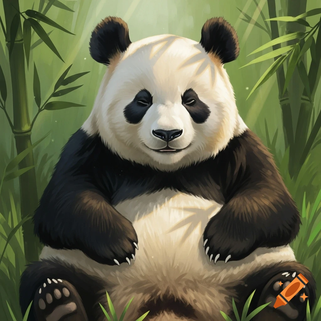 A cute panda sits with narrowed eyes and a slight smile amidst a lush bamboo forest, depicted in a painterly style.
