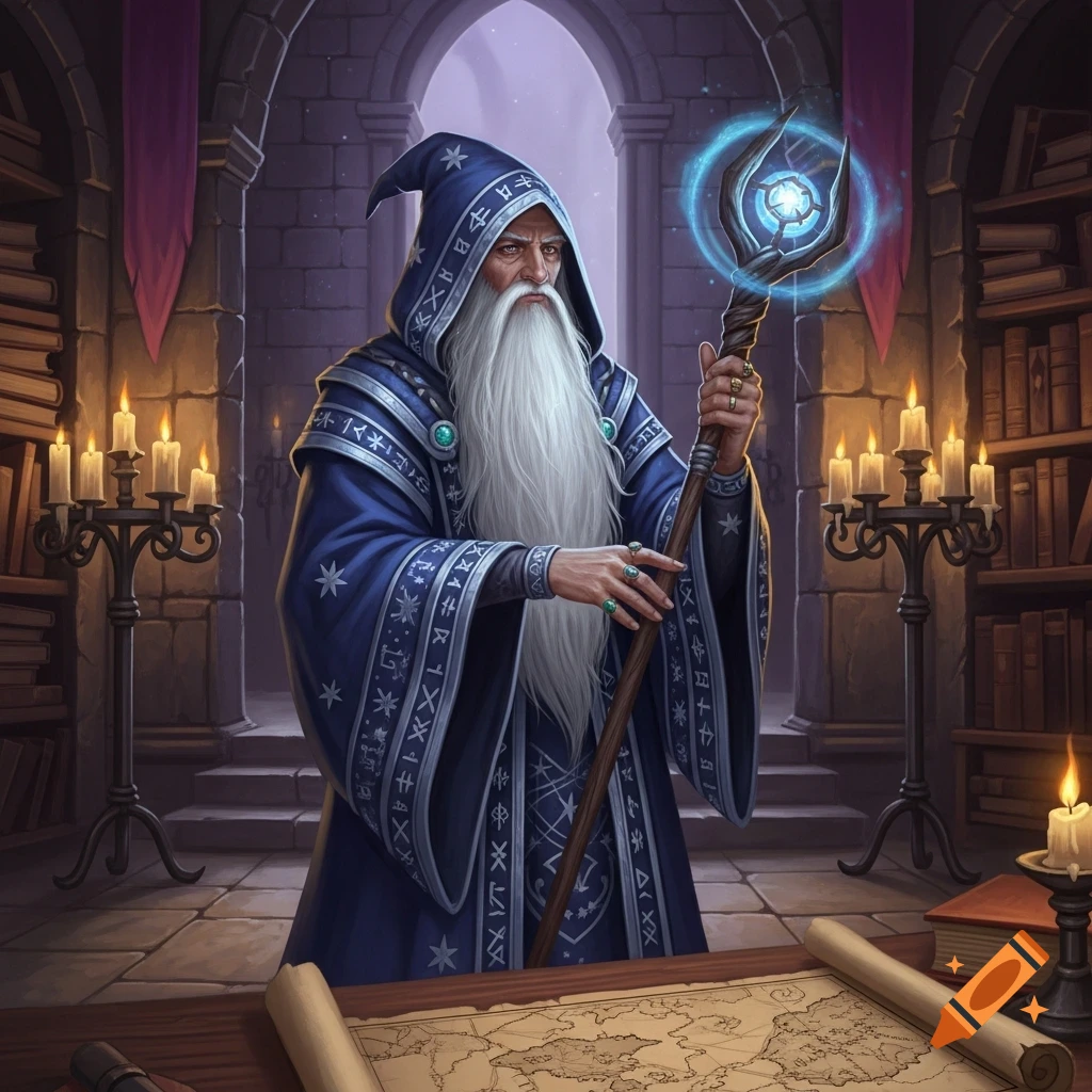 A white-bearded wizard in a blue, star-patterned robe holds a glowing staff in a candlelit library with a map on a table.