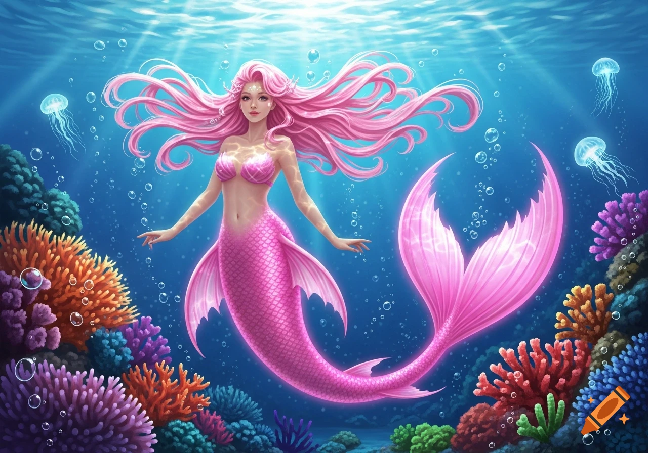 Vibrant illustration of a pink-haired mermaid with a pink tail smiling underwater, surrounded by colorful coral and jellyfish.