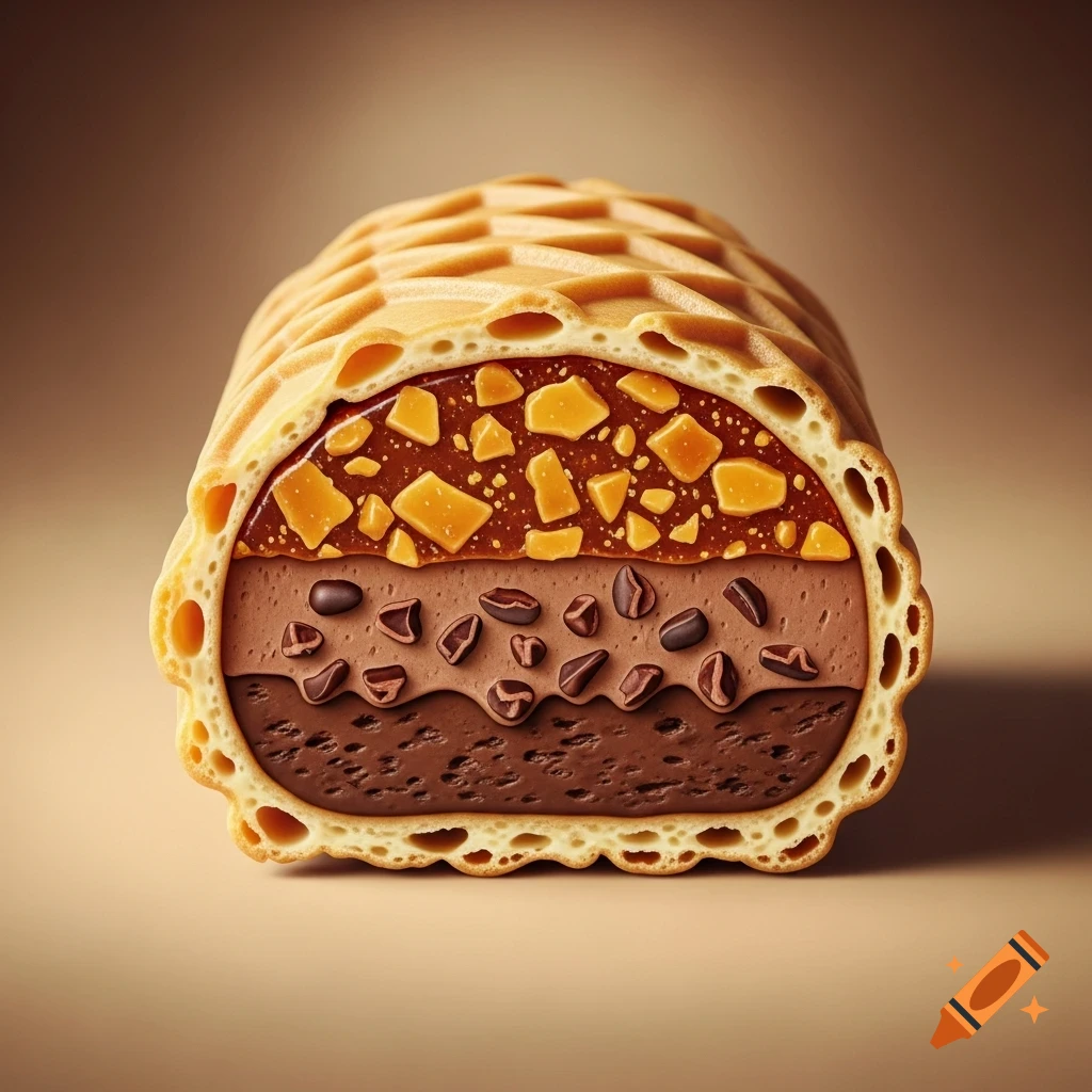 Cross-section of a waffle bar revealing layers of caramel with toffee bits, chocolate cream with cocoa nibs, and dark chocolate, on a brown background.