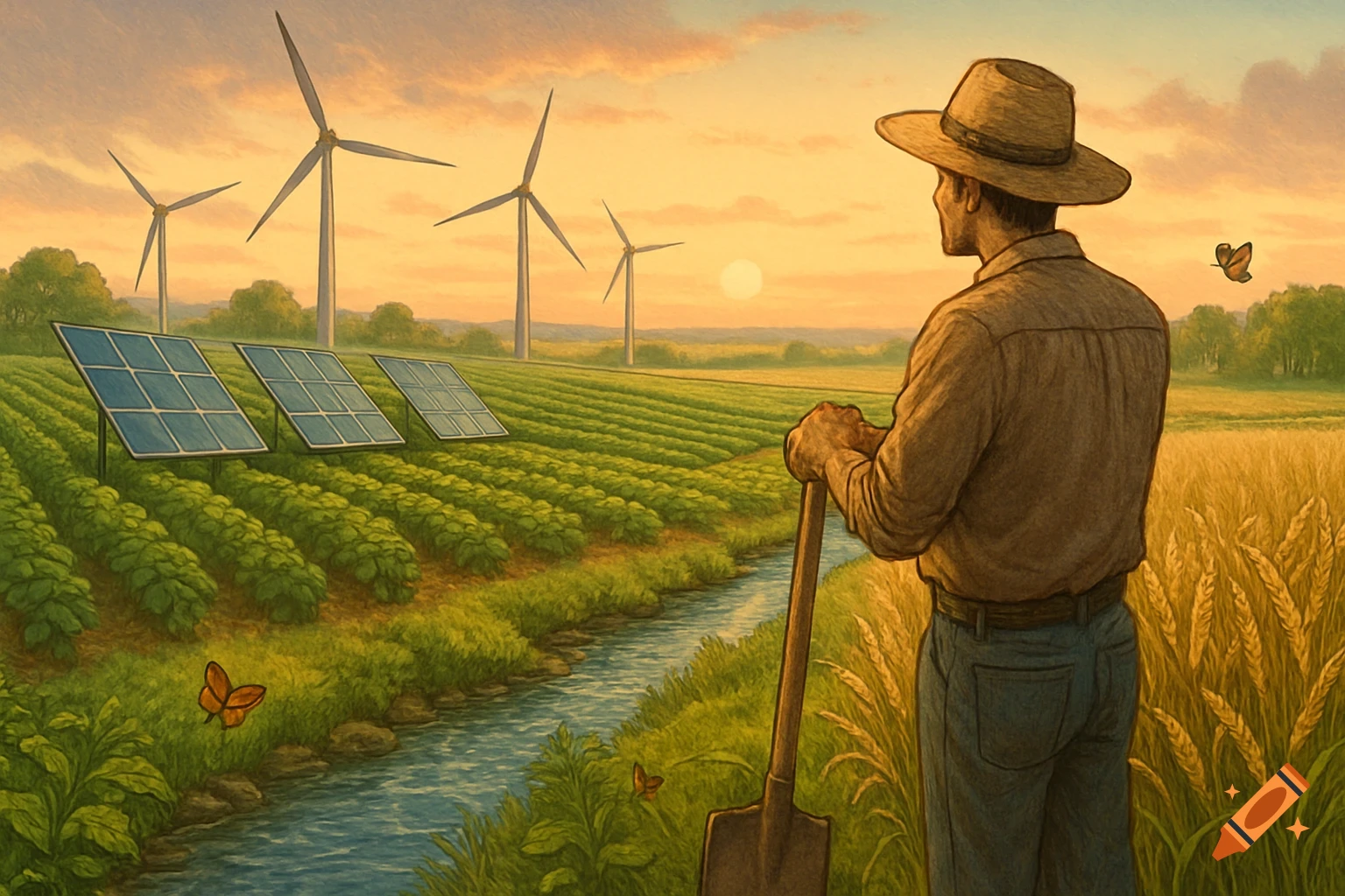 A farmer with a shovel stands in a field of wheat overlooking a river, solar panels, and wind turbines in a painted rural sunset.