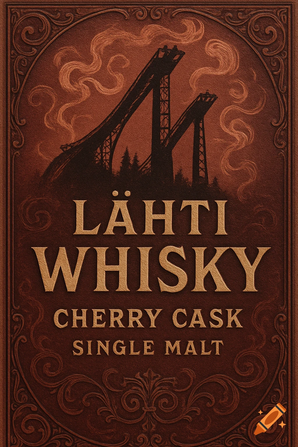 A vintage-style brown whisky label with golden text 'LÄHTI WHISKY CHERRY CASK SINGLE MALT' and dark silhouettes of ski jumps.