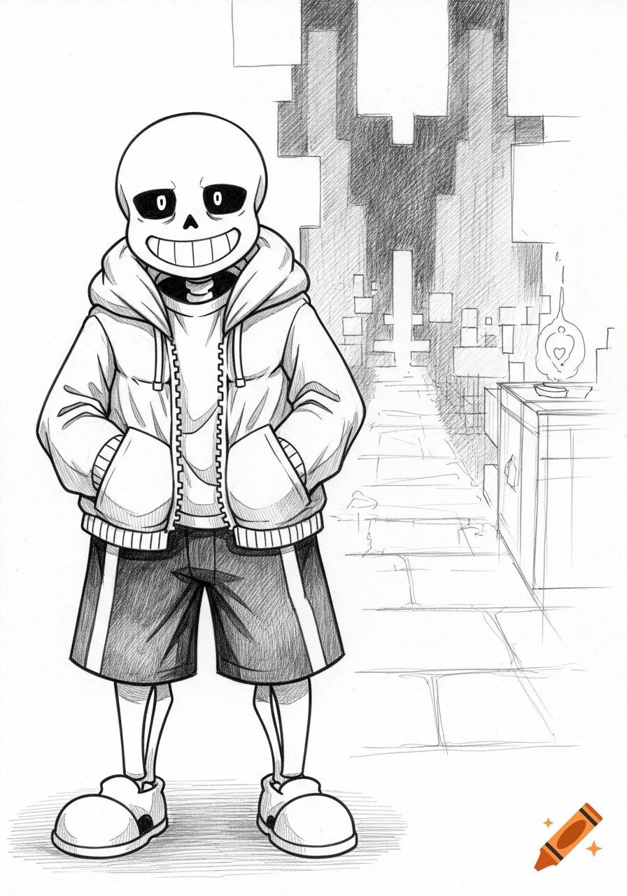 Pencil sketch of Sans from Undertale, a grinning skeleton in a hoodie and shorts, standing in a pixelated environment.